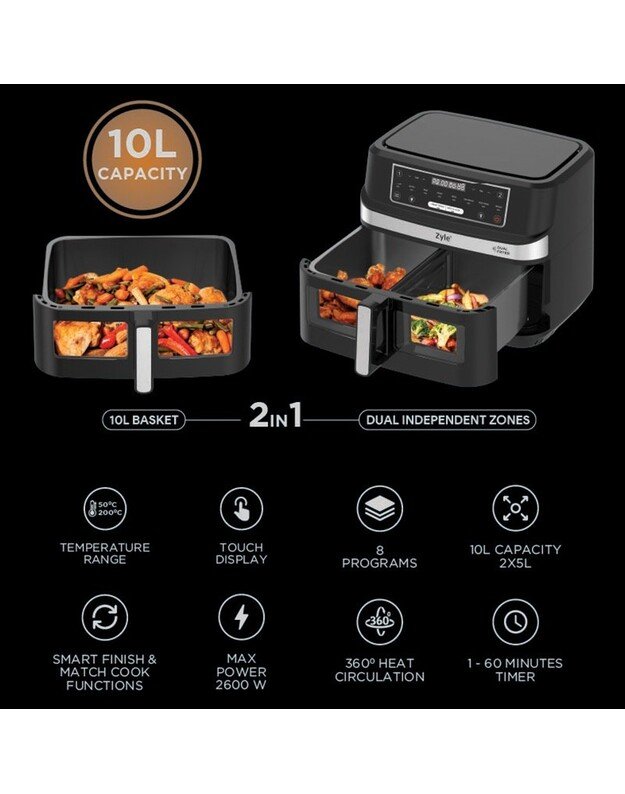 Karšto oro gruzdintuvė Zyle Dual Air Fryer 2 in 1 ZY551AF, 10 l